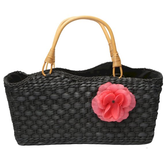 Unbranded Handbags - Natural Straw Woven Handbag Purse Bamboo Wood Handle Black Flower Black Pink NEW